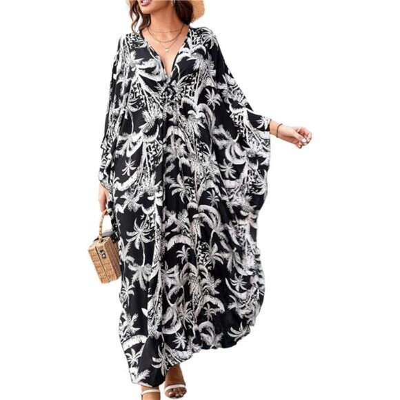 Kaftan Dresses for Women V-Neck Batwing Sleeves Swimsuit Beach Cover Ups Tie - Picture 1 of 6